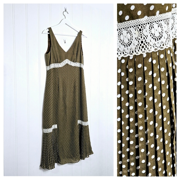 Signature by Robbie Bee Midi Dress Womens Sz 10 Brown Polka Dot Lace Trim - Picture 1 of 15